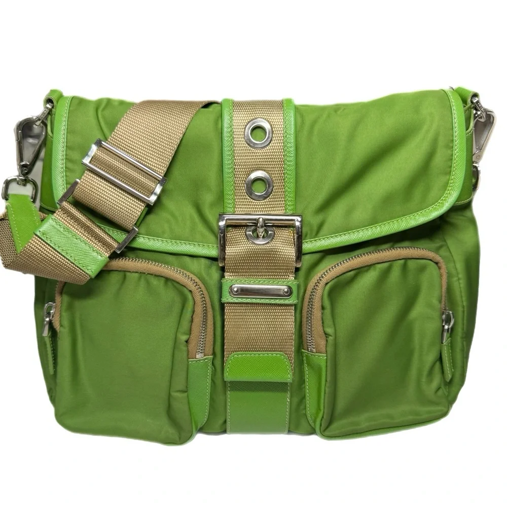 Prada Vintage 2000’s Authentic Large Tessuto Buckle Cargo Shoulder Bag Green - Picture 2 of 10